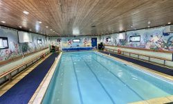 Webbers supporting young children to swim